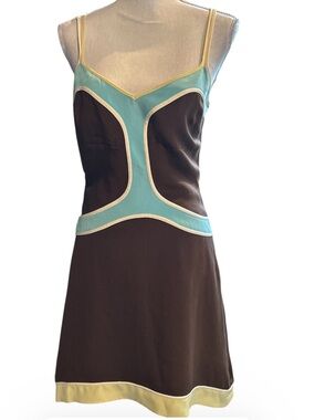 Tocca Brown Slip Dress with Aqua and Green Trim